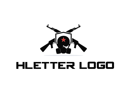 army logo with crossed guns behind a soldier wearing a gas mask