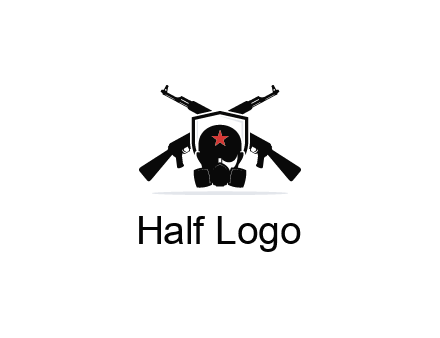 army logo with crossed guns behind a soldier wearing a gas mask