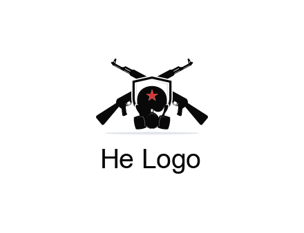 army logo with crossed guns behind a soldier wearing a gas mask