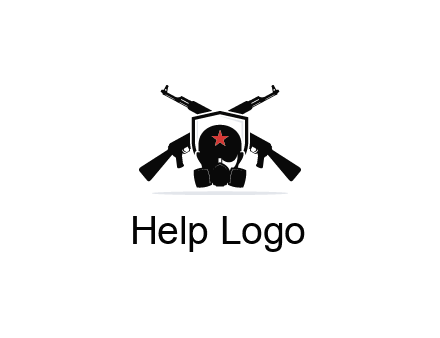 army logo with crossed guns behind a soldier wearing a gas mask