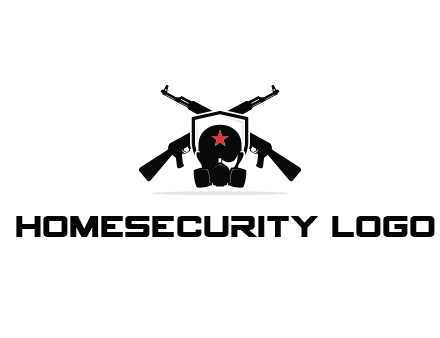 army logo with crossed guns behind a soldier wearing a gas mask