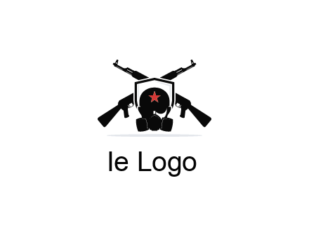army logo with crossed guns behind a soldier wearing a gas mask