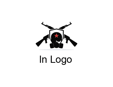 army logo with crossed guns behind a soldier wearing a gas mask