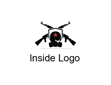 army logo with crossed guns behind a soldier wearing a gas mask