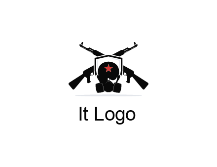 army logo with crossed guns behind a soldier wearing a gas mask