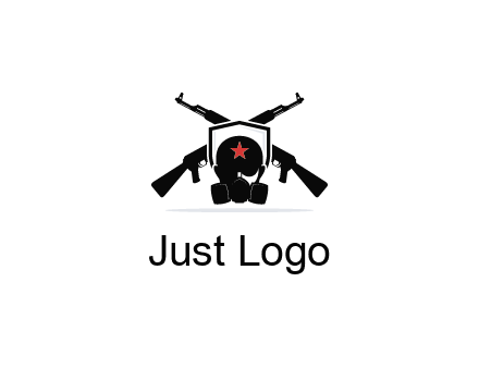 army logo with crossed guns behind a soldier wearing a gas mask