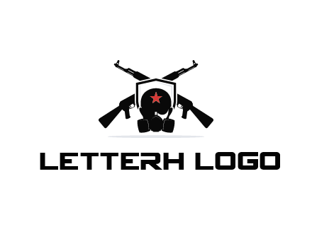 army logo with crossed guns behind a soldier wearing a gas mask