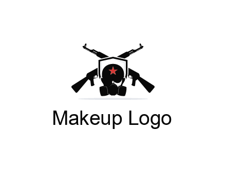 army logo with crossed guns behind a soldier wearing a gas mask