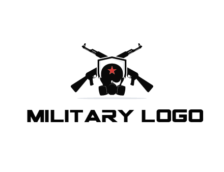 army logo with crossed guns behind a soldier wearing a gas mask