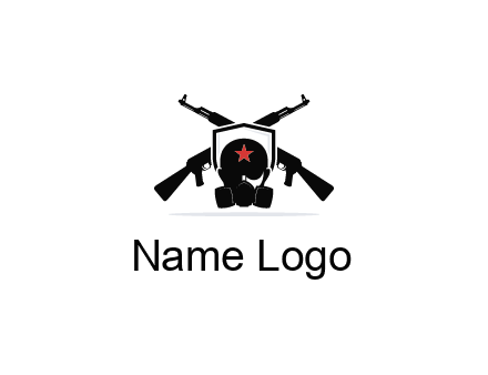 army logo with crossed guns behind a soldier wearing a gas mask