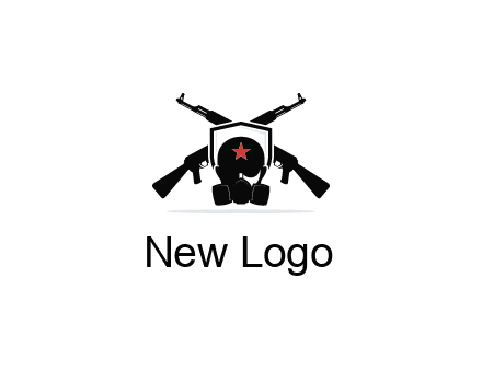 army logo with crossed guns behind a soldier wearing a gas mask