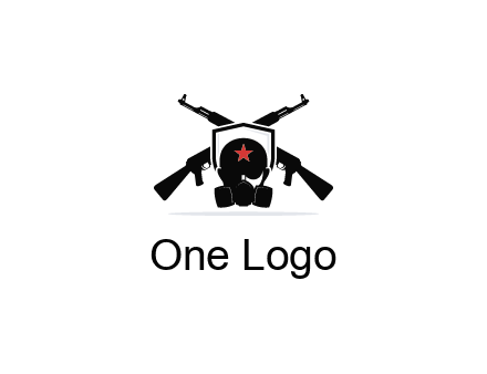 army logo with crossed guns behind a soldier wearing a gas mask