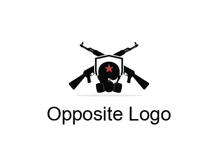 army logo with crossed guns behind a soldier wearing a gas mask