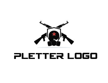 army logo with crossed guns behind a soldier wearing a gas mask