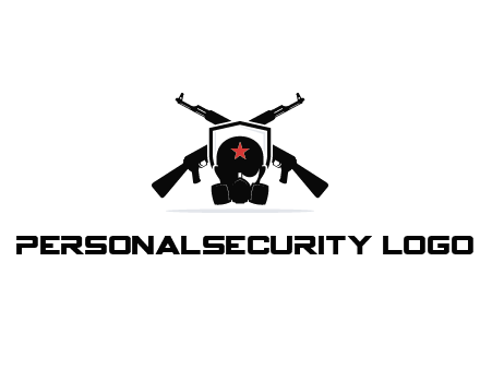army logo with crossed guns behind a soldier wearing a gas mask
