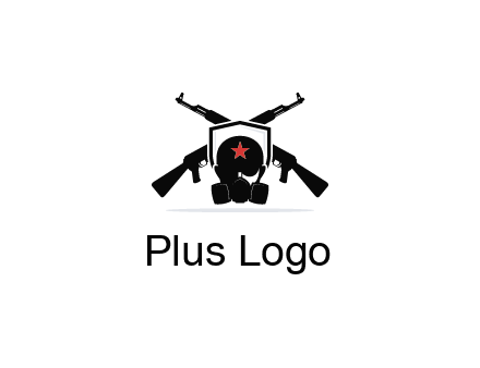 army logo with crossed guns behind a soldier wearing a gas mask