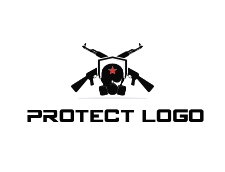 army logo with crossed guns behind a soldier wearing a gas mask