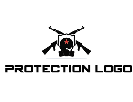 army logo with crossed guns behind a soldier wearing a gas mask