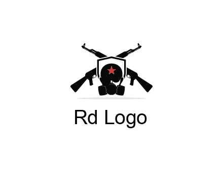 army logo with crossed guns behind a soldier wearing a gas mask