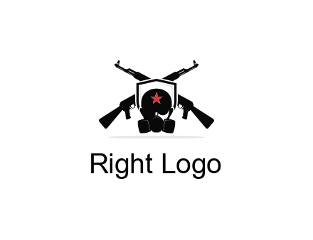 army logo with crossed guns behind a soldier wearing a gas mask