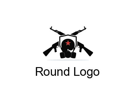 army logo with crossed guns behind a soldier wearing a gas mask
