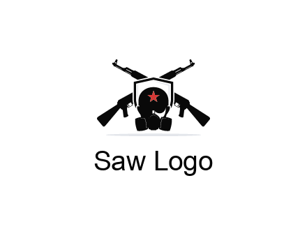 army logo with crossed guns behind a soldier wearing a gas mask
