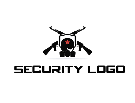 army logo with crossed guns behind a soldier wearing a gas mask