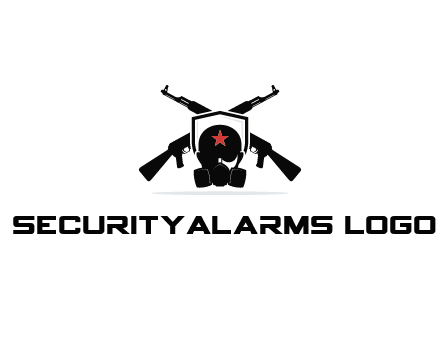 army logo with crossed guns behind a soldier wearing a gas mask