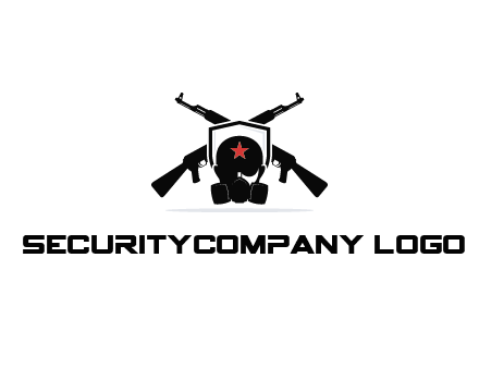 army logo with crossed guns behind a soldier wearing a gas mask