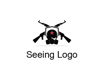 army logo with crossed guns behind a soldier wearing a gas mask