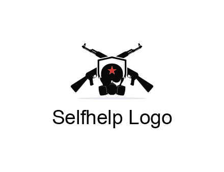 army logo with crossed guns behind a soldier wearing a gas mask