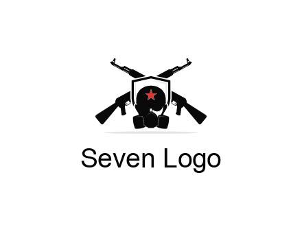 army logo with crossed guns behind a soldier wearing a gas mask