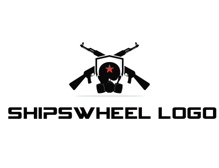 army logo with crossed guns behind a soldier wearing a gas mask