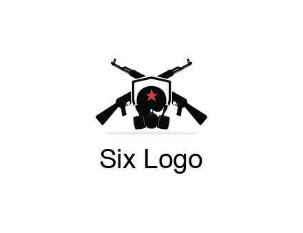 army logo with crossed guns behind a soldier wearing a gas mask