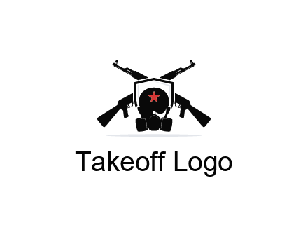 army logo with crossed guns behind a soldier wearing a gas mask