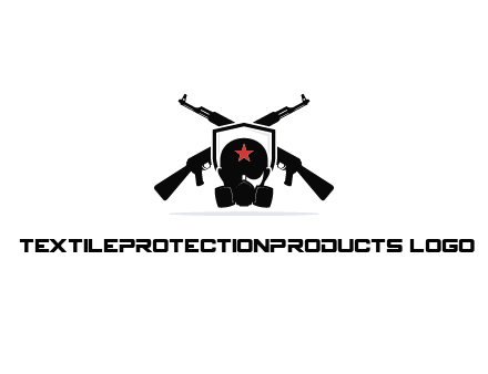 army logo with crossed guns behind a soldier wearing a gas mask