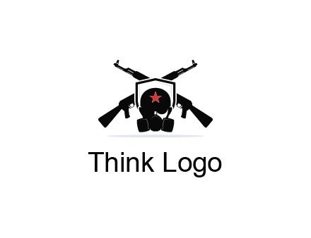 army logo with crossed guns behind a soldier wearing a gas mask