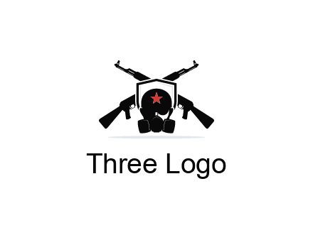 army logo with crossed guns behind a soldier wearing a gas mask