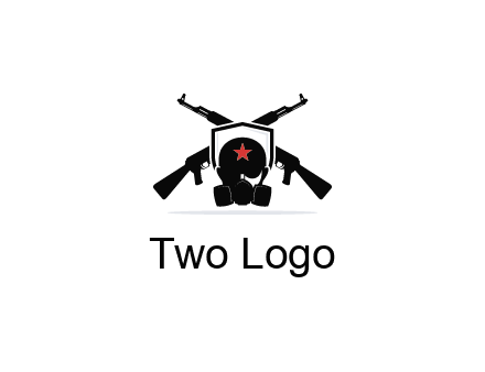 army logo with crossed guns behind a soldier wearing a gas mask
