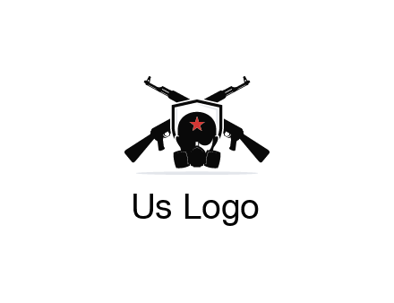 army logo with crossed guns behind a soldier wearing a gas mask