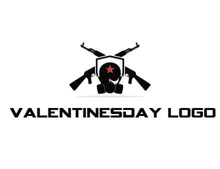 army logo with crossed guns behind a soldier wearing a gas mask