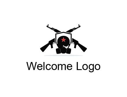 army logo with crossed guns behind a soldier wearing a gas mask