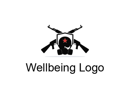 army logo with crossed guns behind a soldier wearing a gas mask