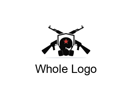 army logo with crossed guns behind a soldier wearing a gas mask