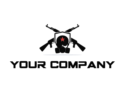 army logo with crossed guns behind a soldier wearing a gas mask