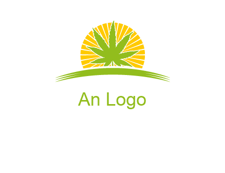 marijuana leaf over the sun setting on the horizon