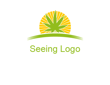 marijuana leaf over the sun setting on the horizon