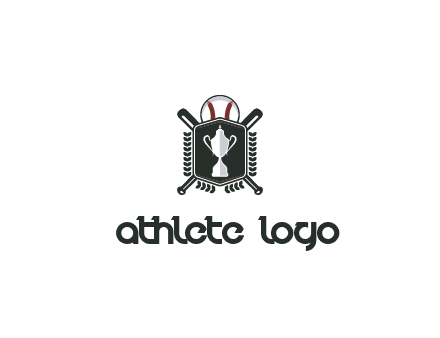 baseball logo with a ball and crossed bats behind a shield featuring a trophy