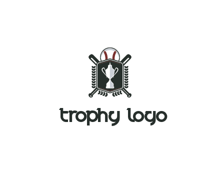 baseball logo with a ball and crossed bats behind a shield featuring a trophy