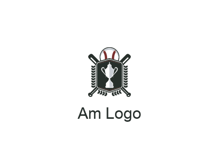 baseball logo with a ball and crossed bats behind a shield featuring a trophy